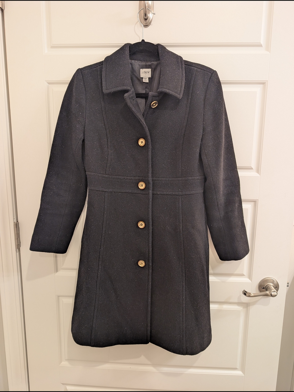 Classic J. Crew Black Wool Coat with Gold Buttons Size 6 Petite